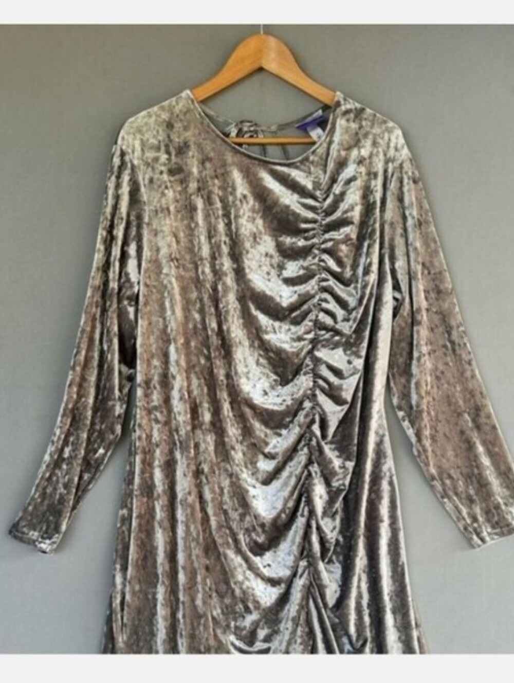 Future Collective Silver Velvet Long Sleeve Ruched Midi Dress with Back Cutout